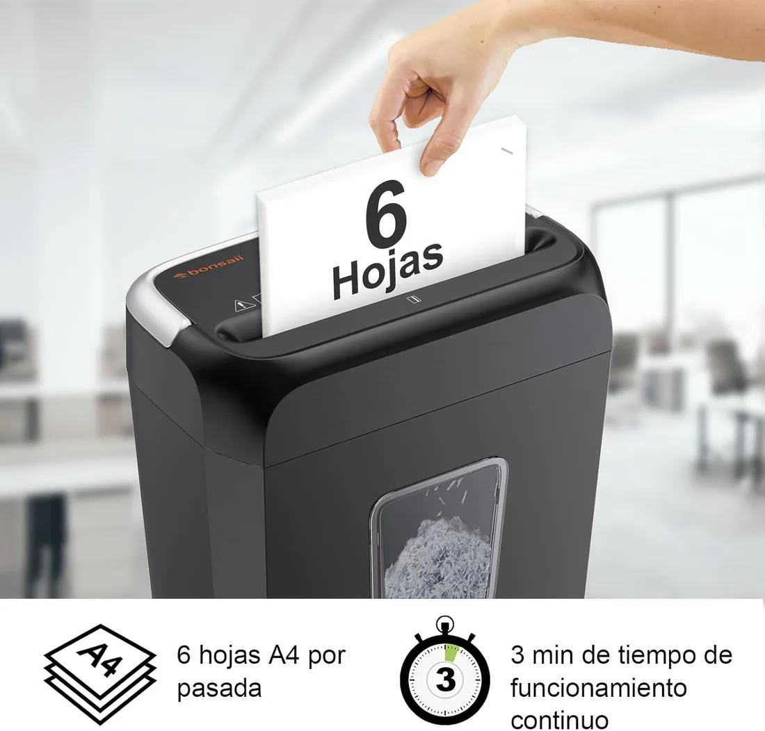 Bonsaii Destructora de Papel 6 Hojas, Corte en Partículas P-4 para Tarjetas | Destruye grapas y tarjetas, Papelera 13L, Alta seguridad P-4, Ideal para hogar y oficina, C237-B foto 3