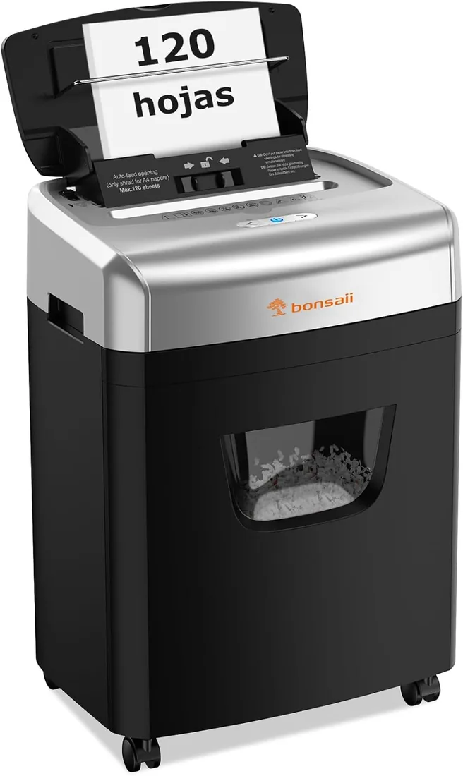 Bonsaii Destructora de Papel Auto 120 Hojas, Microcorte P-4 | Anti-atasco, uso continuo, papelera 23L, silenciosa para oficina y hogar, C233-B