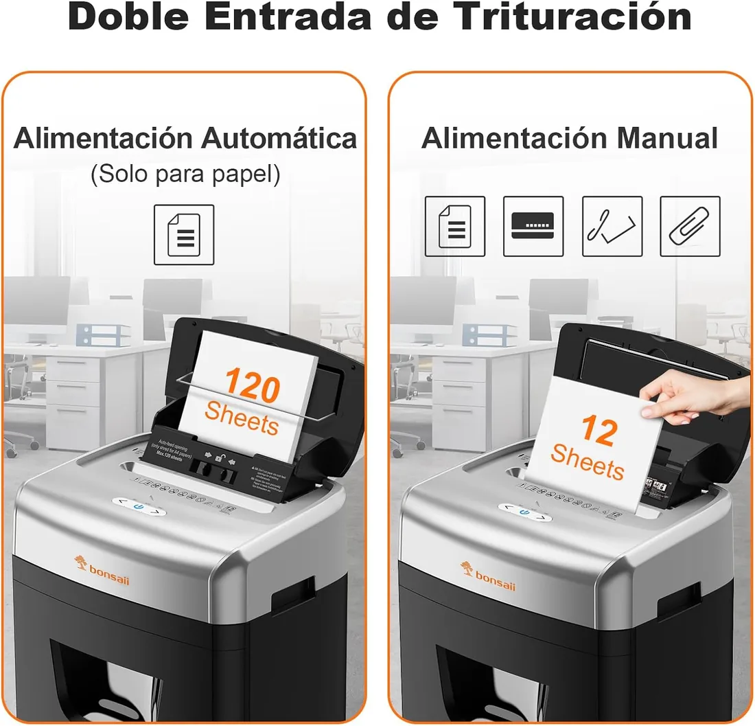 Bonsaii Destructora de Papel Auto 120 Hojas, Microcorte P-4 | Anti-atasco, uso continuo, papelera 23L, silenciosa para oficina y hogar, C233-B foto 2