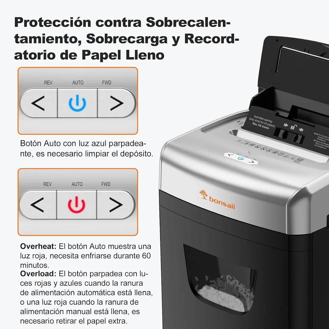 Bonsaii Destructora de Papel Auto 120 Hojas, Microcorte P-4 | Anti-atasco, uso continuo, papelera 23L, silenciosa para oficina y hogar, C233-B foto 3