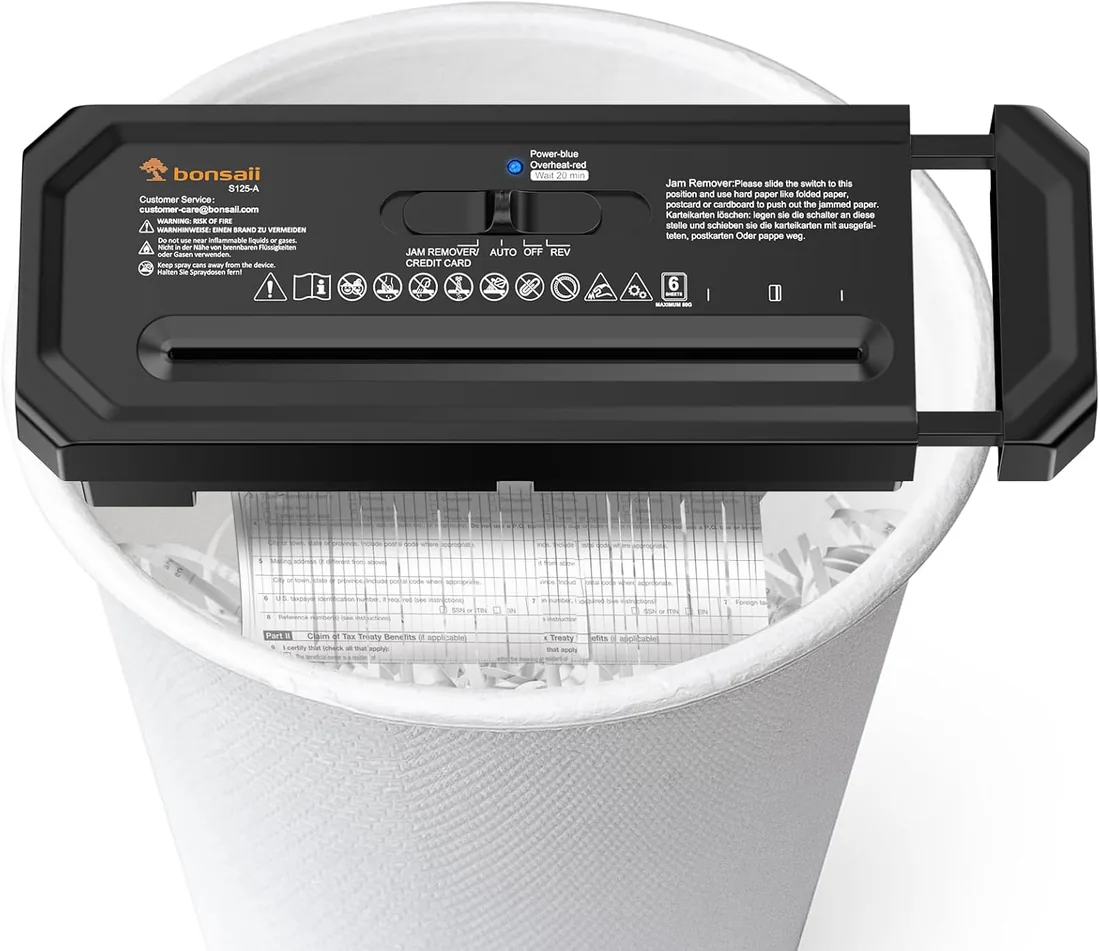Bonsaii Destructora de Papel sin Cubo, Hojas con Corte en Tiras, S125-A | Ideal para oficina en casa, Tritura tarjetas de crédito, Apta para botes de 31,5–39,5 cm, Compacta y fácil de usar