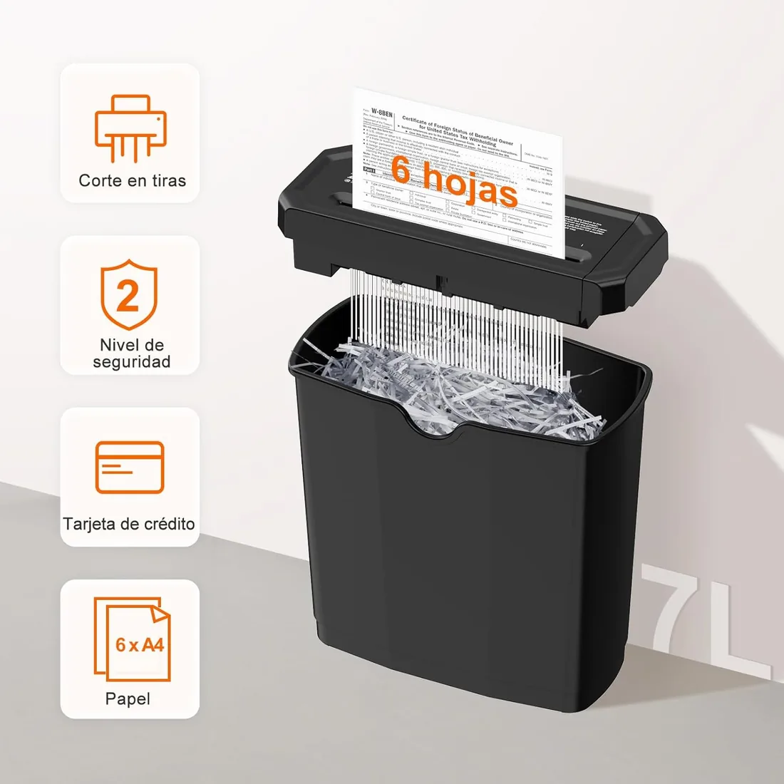 Bonsaii Trituradora De Tiras 6 Hojas, para Cestos De 315-395mm, 7L, S125-B | Mango Extensible, Destructora Papel Pequeña, Con Función Para Triturar Tarjetas De Crédito, Ideal Para Oficina En Casa foto 2