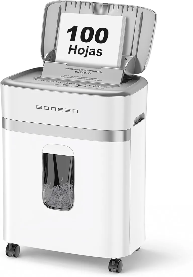 BONSEN Destructora de Papel 100 Hojas Auto-Feed, P-4 Microcorte | 30 min en continuo y silencioso ≤60dB para hogar y oficina, S9201
