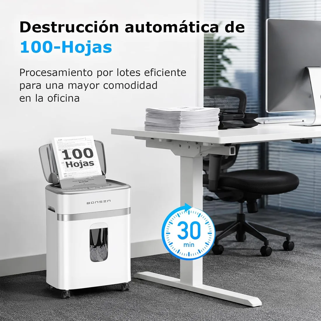 BONSEN Destructora de Papel 100 Hojas Auto-Feed, P-4 Microcorte | 30 min en continuo y silencioso ≤60dB para hogar y oficina, S9201 foto 2
