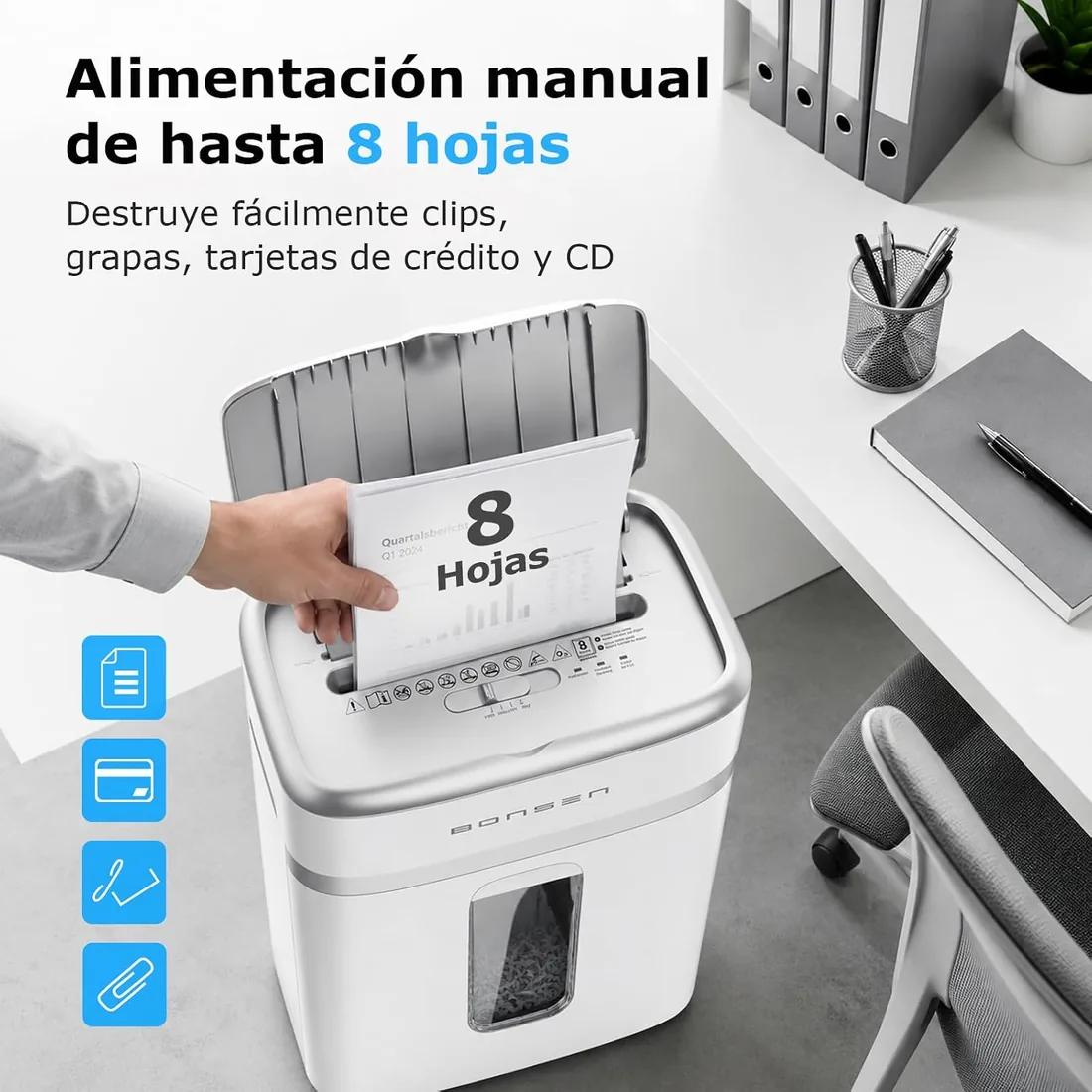 BONSEN Destructora de Papel 100 Hojas Auto-Feed, P-4 Microcorte | 30 min en continuo y silencioso ≤60dB para hogar y oficina, S9201 foto 3