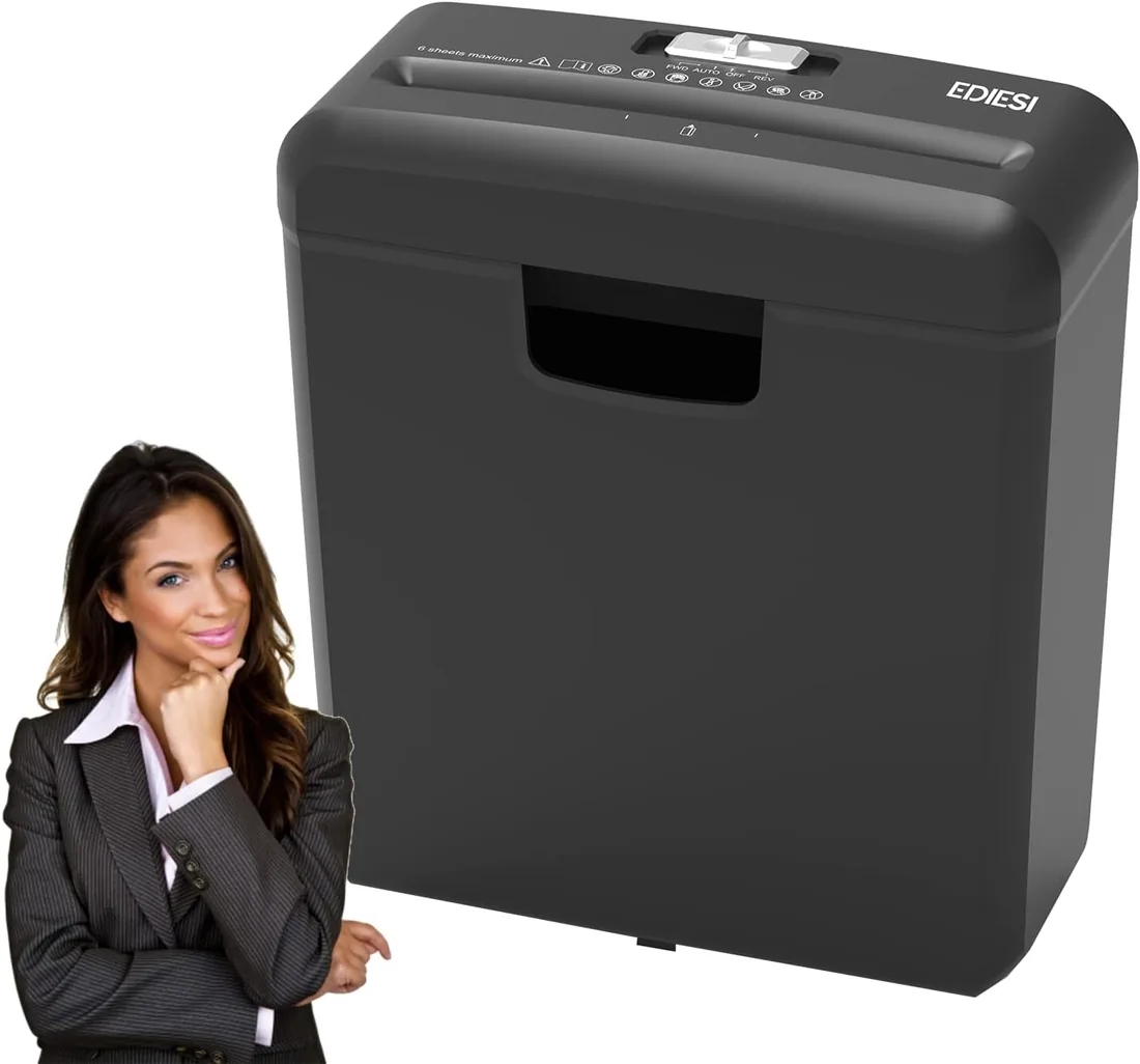 Ediesi, Trituradora de Papel, Destructora de Papel, hasta 6 Hojas, para Tarjetas de Visita, CDs, DVDs y Grapas, Portátil, con Papelera de 10 litros, para Casa y Oficina