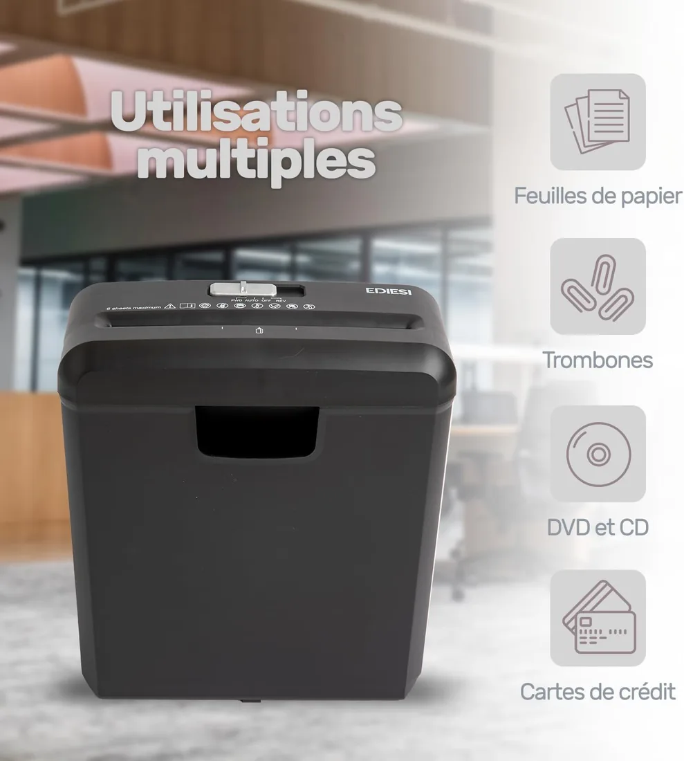 Ediesi, Trituradora de Papel, Destructora de Papel, hasta 6 Hojas, para Tarjetas de Visita, CDs, DVDs y Grapas, Portátil, con Papelera de 10 litros, para Casa y Oficina foto 3