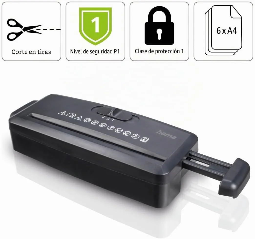 Hama |Trituradora de Papel Nivel de Seguridad P-1, Negro | "Mini S6,Destructora Papel, Dimensiones 30,8x10,6x6,3 cm, MAX. Nivel Ruido: 72 db, MAX. Velocidad de Corte: 3m/min, 8mm Corte foto 2