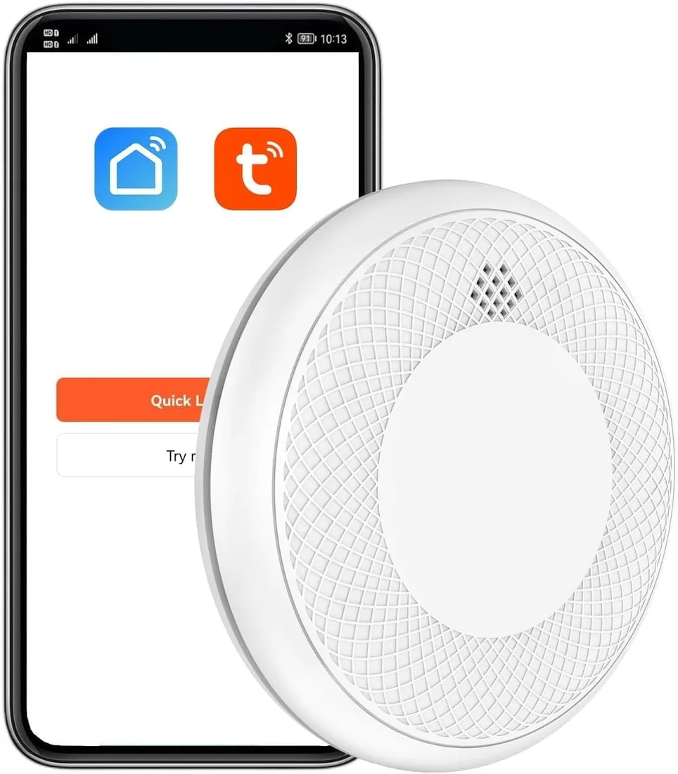 Detector de Humo Inteligente Wi-Fi, batería de 10 años con notificación Mediante aplicación, función silenciosa y autoprueba, Compatible con EN 14604, 1 Pieza (Compatible con App Tuya/Smart Life)
