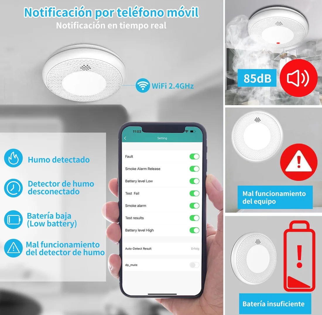 Detector de Humo Inteligente Wi-Fi, batería de 10 años con notificación Mediante aplicación, función silenciosa y autoprueba, Compatible con EN 14604, 1 Pieza (Compatible con App Tuya/Smart Life) foto 2