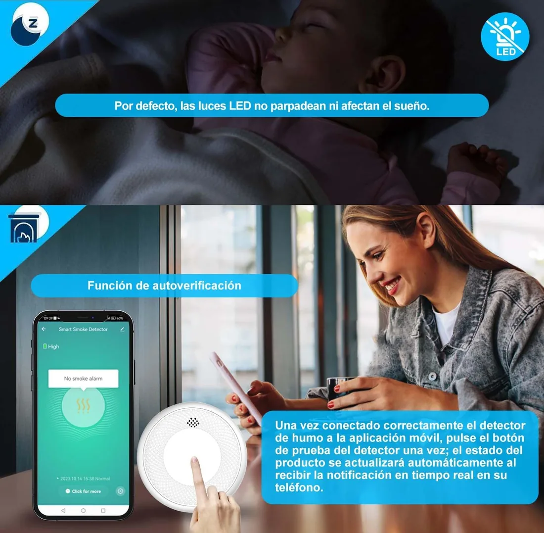 Detector de Humo Inteligente Wi-Fi, batería de 10 años con notificación Mediante aplicación, función silenciosa y autoprueba, Compatible con EN 14604, 1 Pieza (Compatible con App Tuya/Smart Life) foto 3