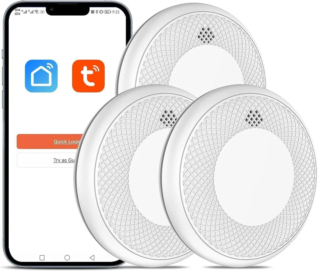 Detector de Humo Inteligente Wi-Fi, batería de 10 años con notificación Mediante aplicación, función silenciosa y autoprueba, Compatible con EN 14604, 3 Pieza (Compatible con App Tuya/Smart Life) foto 3