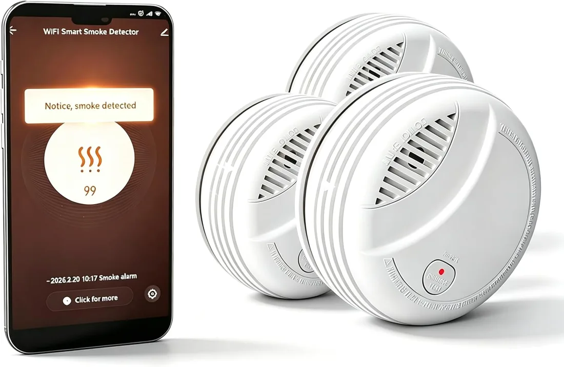 Detector de Humo WiFi Alarma de Incendio Inteligente con Notificaciones App y Silencio Remoto, Pila Sustituible, Certificado EN 14604, Notif. de Tuya/Smart Life a la Familia, 3 Pieza