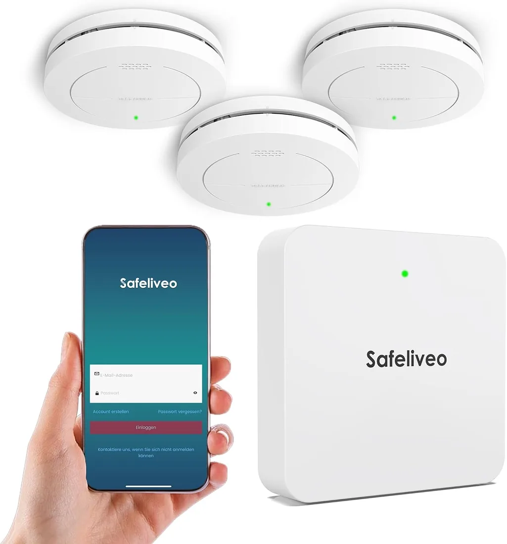 Safeliveo Detector de Humo interconectado WiFi, Detector de Humo con batería de 10 años, Juego de 3 con estación Base, Certificado TUV Rheinland, Juego de Alarma de Humo con Control por aplicación.