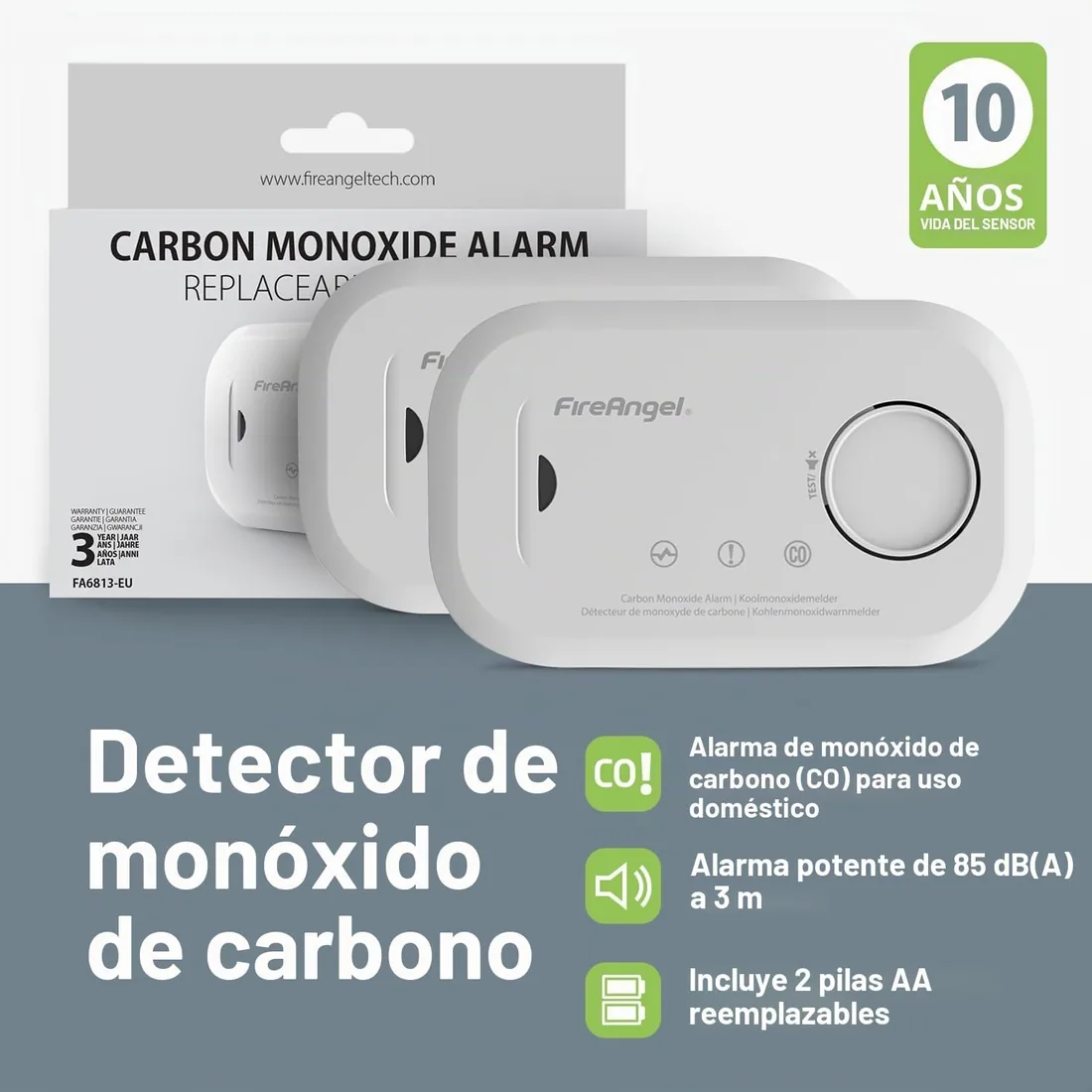 FireAngel 2 Detectores de Monóxido de Carbono con Sensor de 10 Años de Duración y Pilas AA – Alarma de CO Portátil - FA6813 foto 2