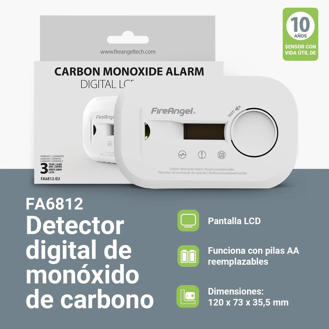 FireAngel FA6812: Detector Digital de monóxido de Carbono, con batería reemplazable foto 3