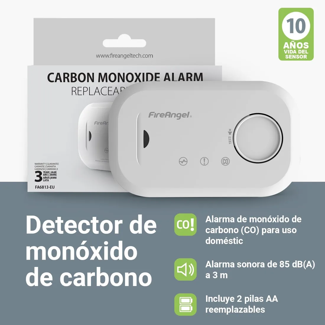 FireAngel FA6813 - Alarma y detector de monóxido de carbono - Sensor de 10 años de vida útil para el hogar con pilas AA - Detector de monóxido de carbono portátil de viaje - Monitor detector de CO con foto 2