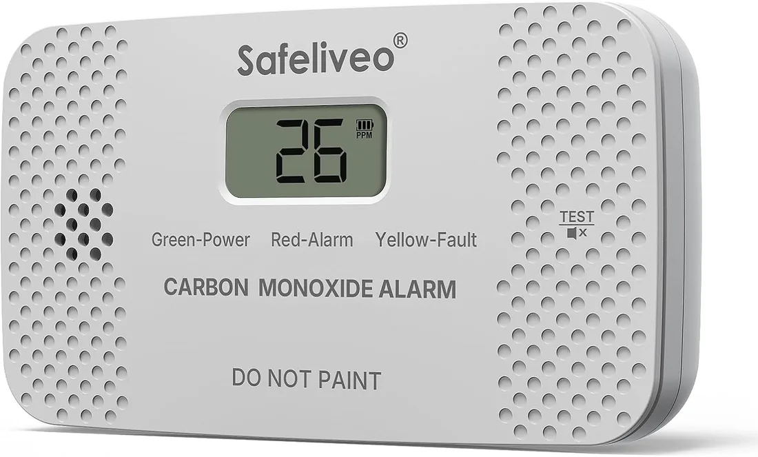Safeliveo Detector de Monóxido de Carbono con Pantalla LCD,con Batería Reemplazable y botón de Prueba,Certificado EN 50291,Monitor Detector de CO Portátil para Hogar, Caravanas -Gris Claro, 1 Pieza