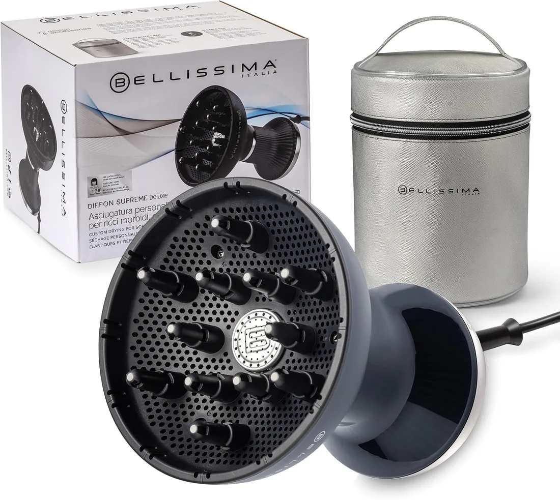 Bellissima Diffon Supreme Deluxe, Difusor de Aire Caliente para Cabello Rizado, Tecnología Cerámica y Queratina, Difusor XL, 3 Temperaturas y Ionizador, Secado Suave, bolsa de belleza, Negro Y Plata