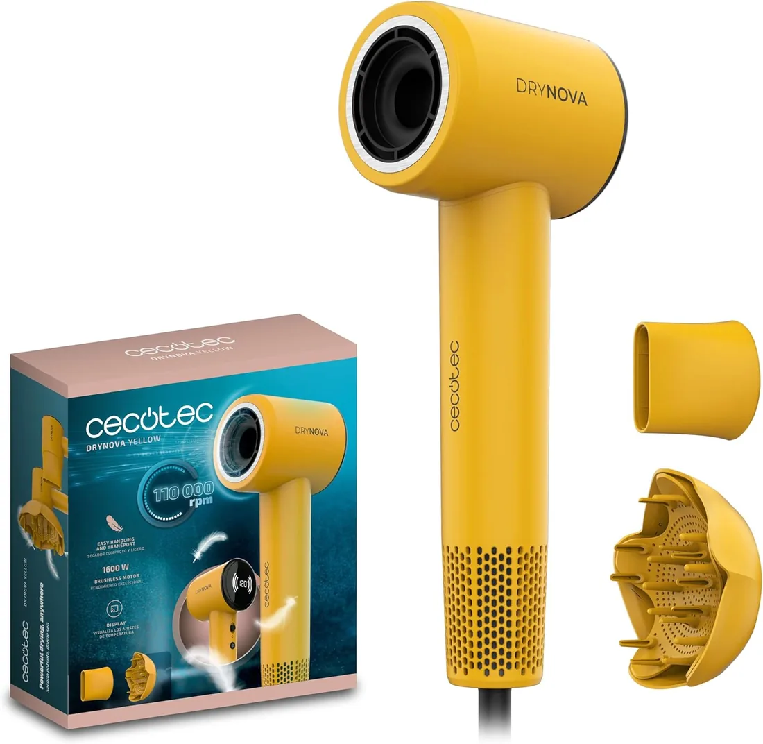 Cecotec Secador de Pelo Compacto y Ligero DryNova Yellow Sun. 1600W, 110000RPM, Motor Brushless, Difusor y Concentrador, Generador de Iones, Silencioso y Duradero, 4 Ajustes de Temperatura foto 2