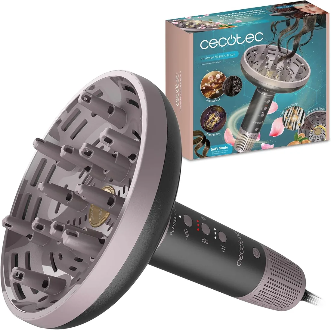 Cecotec Secador Difusor Pelo Rizado XXL DryWave Nébula Black. 1300W, Aceite de Argán y Queratina, Motor Brushless, PlasmaTech Antiencrespamiento, Modo Soft, 3 Velocidades y Temperaturas, 12 Púas