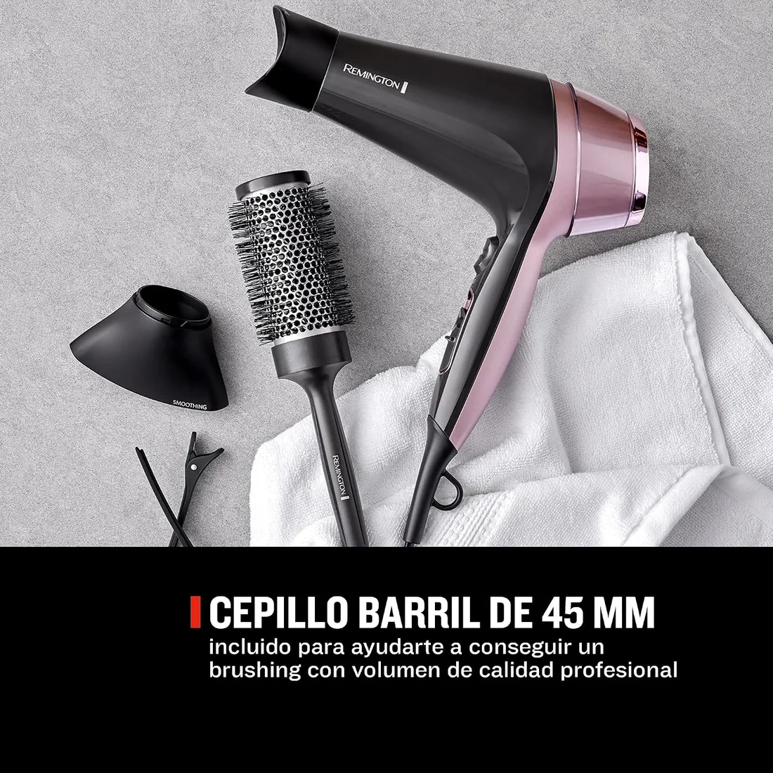 Remington Secador de Pelo Curl & Straight Confidence, 2 en 1 Alisa y Riza, Iónico, 2200 W, 2 Concentradores, 1 Difusor y Cepillo de Barril, 3 Temperaturas, 2 Velocidades, Color Negro Y Rosa, D5707 foto 3
