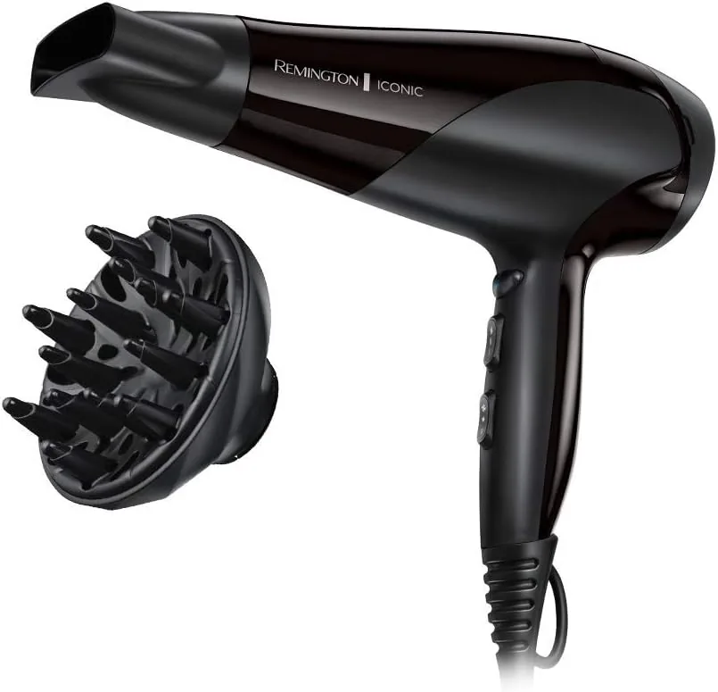 Remington Secador de Pelo Ionic Dry 2200, Iónico, Cabello Sin Encrespamiento, 2200 W, Concentrador y Difusor, 3 Temperaturas, 2 Velocidades, Rejilla Trasera Desmontable, Gancho Para Colgar, D3198