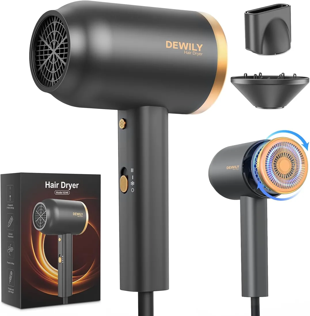 Secador de Pelo Iónico con Difusor DEWILY 1800W - Secado Rápido con Botón Frío/Calor, Difusor Termostático, 3 Temperaturas y 2 Velocidades, Incluye Concentrador y para Rizos,Negro y Dorado
