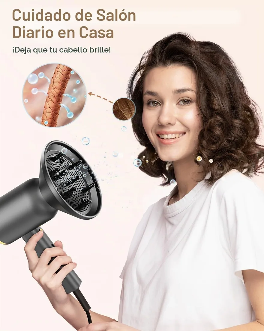 Secador de Pelo Iónico con Difusor DEWILY 1800W - Secado Rápido con Botón Frío/Calor, Difusor Termostático, 3 Temperaturas y 2 Velocidades, Incluye Concentrador y para Rizos,Negro y Dorado foto 2