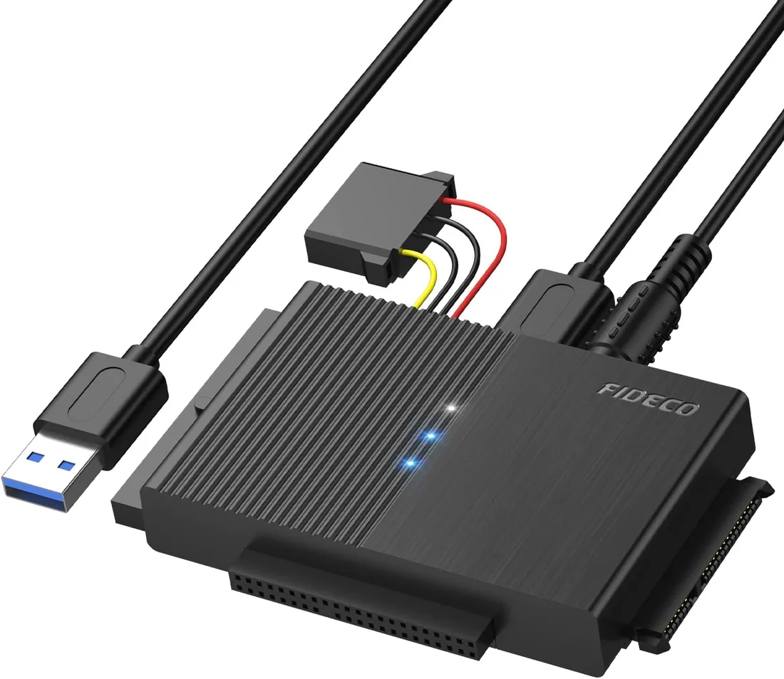 FIDECO Adaptador Lector Discos Duros USB 3.0 para 2,5'' y 3,5'' IDE y SATA HDD/SSD, CD-ROM, CD-RW, DVD-RW, Soporta 16TB MAX, Incluye Adaptador de Corriente 12V 2A
