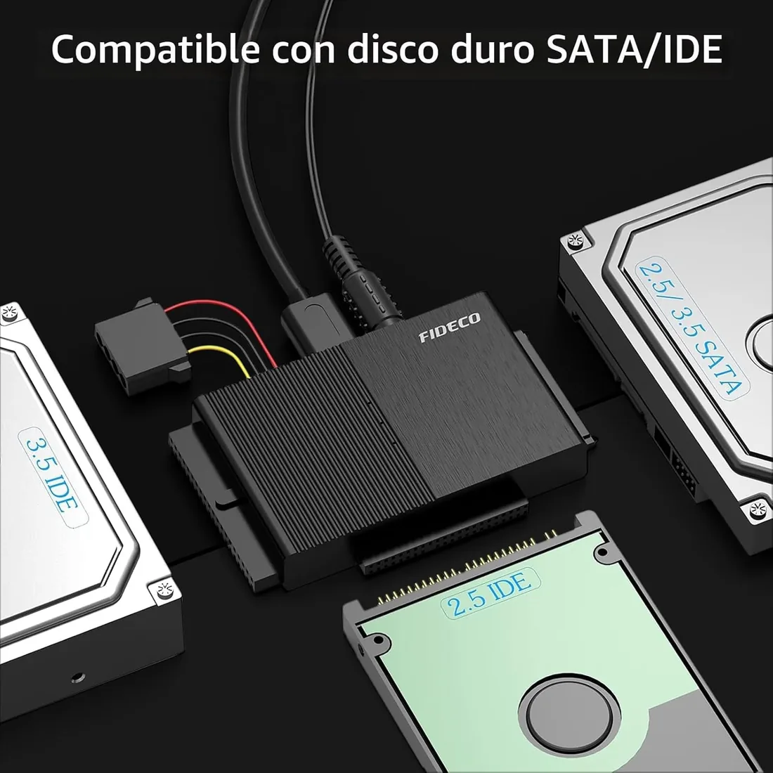 FIDECO Adaptador Lector Discos Duros USB 3.0 para 2,5'' y 3,5'' IDE y SATA HDD/SSD, CD-ROM, CD-RW, DVD-RW, Soporta 16TB MAX, Incluye Adaptador de Corriente 12V 2A foto 2