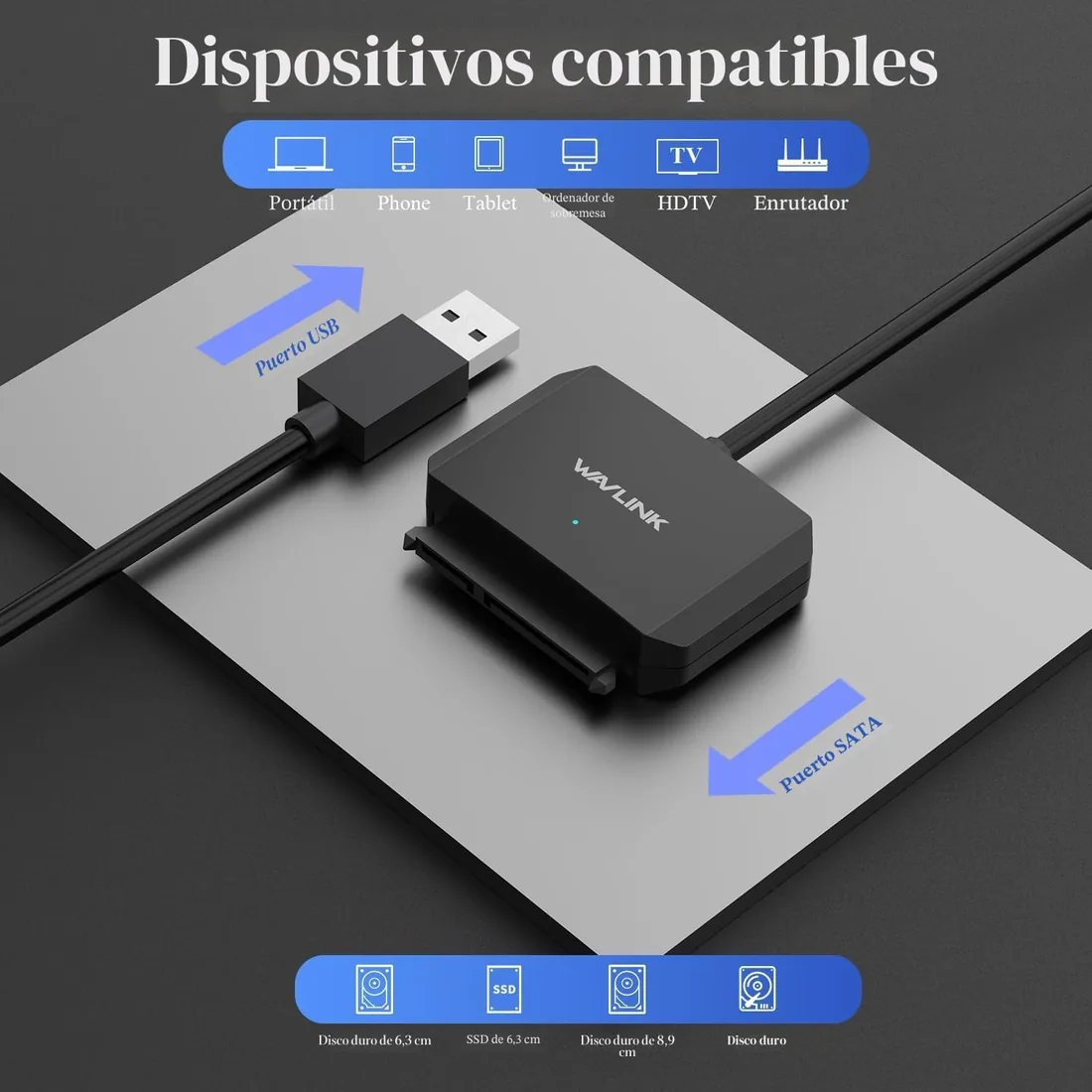 WAVLINK Adaptador USB 3,0 a SATA para SSD y HDD de 2,5 Pulgadas (USB a SATA) foto 3