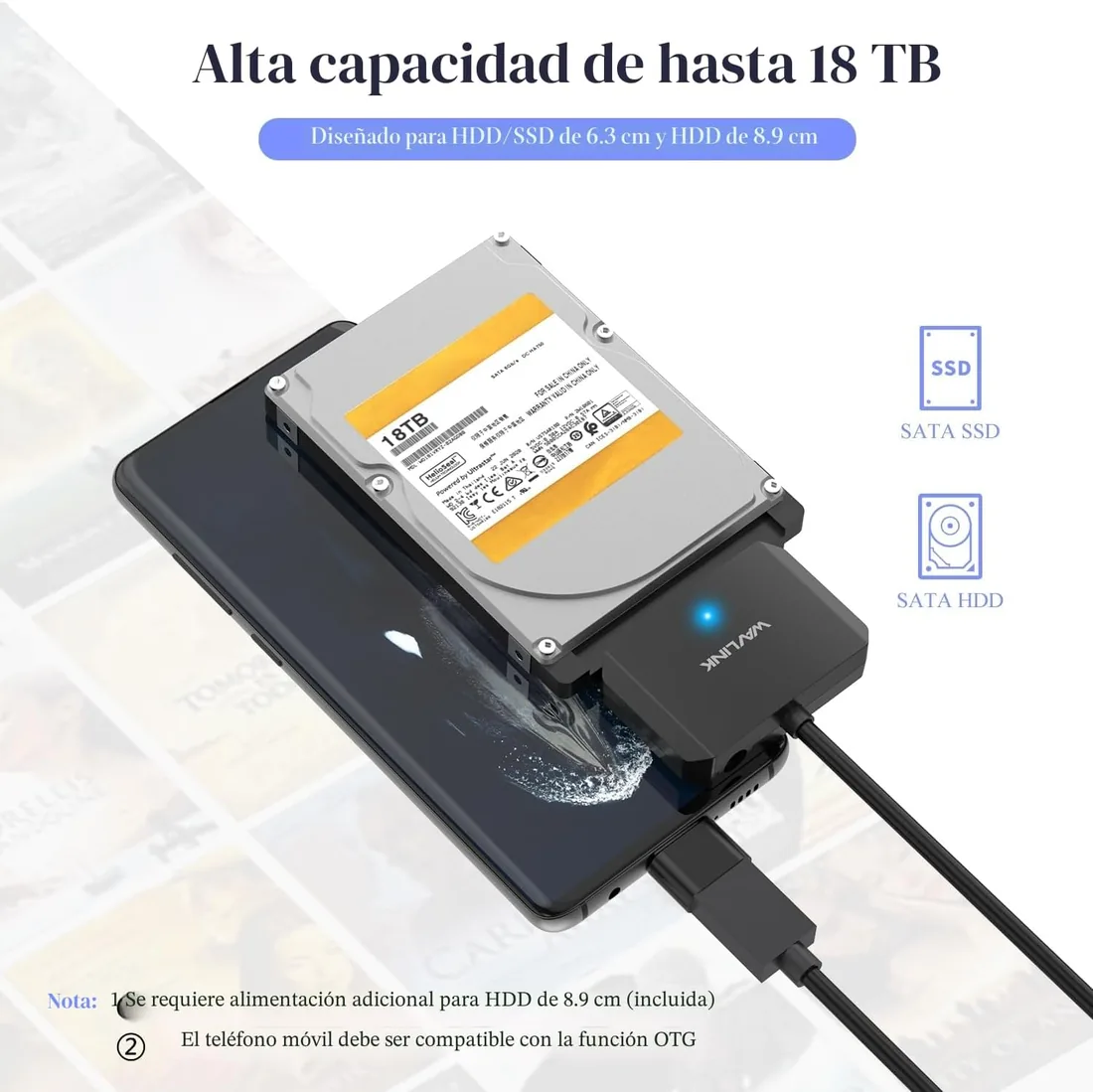 WAVLINK USB3.0 a SATA III Cable Adaptador de Disco Duro,Conector de Disco Duro Externo para 2,5''/3,5''HDD/SSD, SATA a USB A 5Gbps Convertidor,Adaptador de Corriente Incluido foto 2