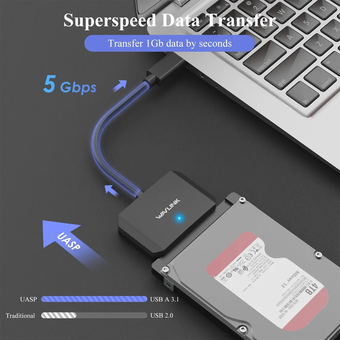 WAVLINK USB3.0 a SATA III Cable Adaptador de Disco Duro,Conector de Disco Duro Externo para 2,5''/3,5''HDD/SSD, SATA a USB A 5Gbps Convertidor,Adaptador de Corriente Incluido foto 3