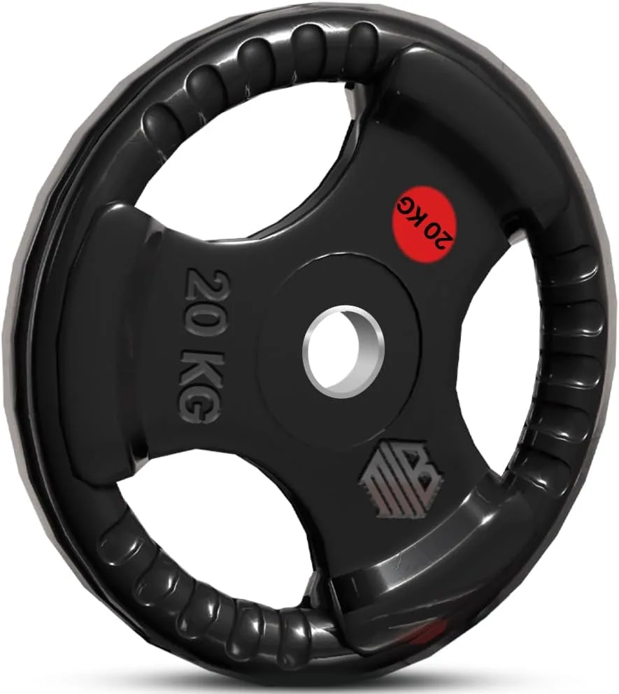 ManiBoom Discos Pesas Hierro ENGOMADO 30mm y 50mm Olimpica con Anillo Interior de Acero y Triple Agarre ERGONOMICO - Disco para Barra o Mancuernas 2,5kg, 5kg, 10kg, 15kg, 20kg