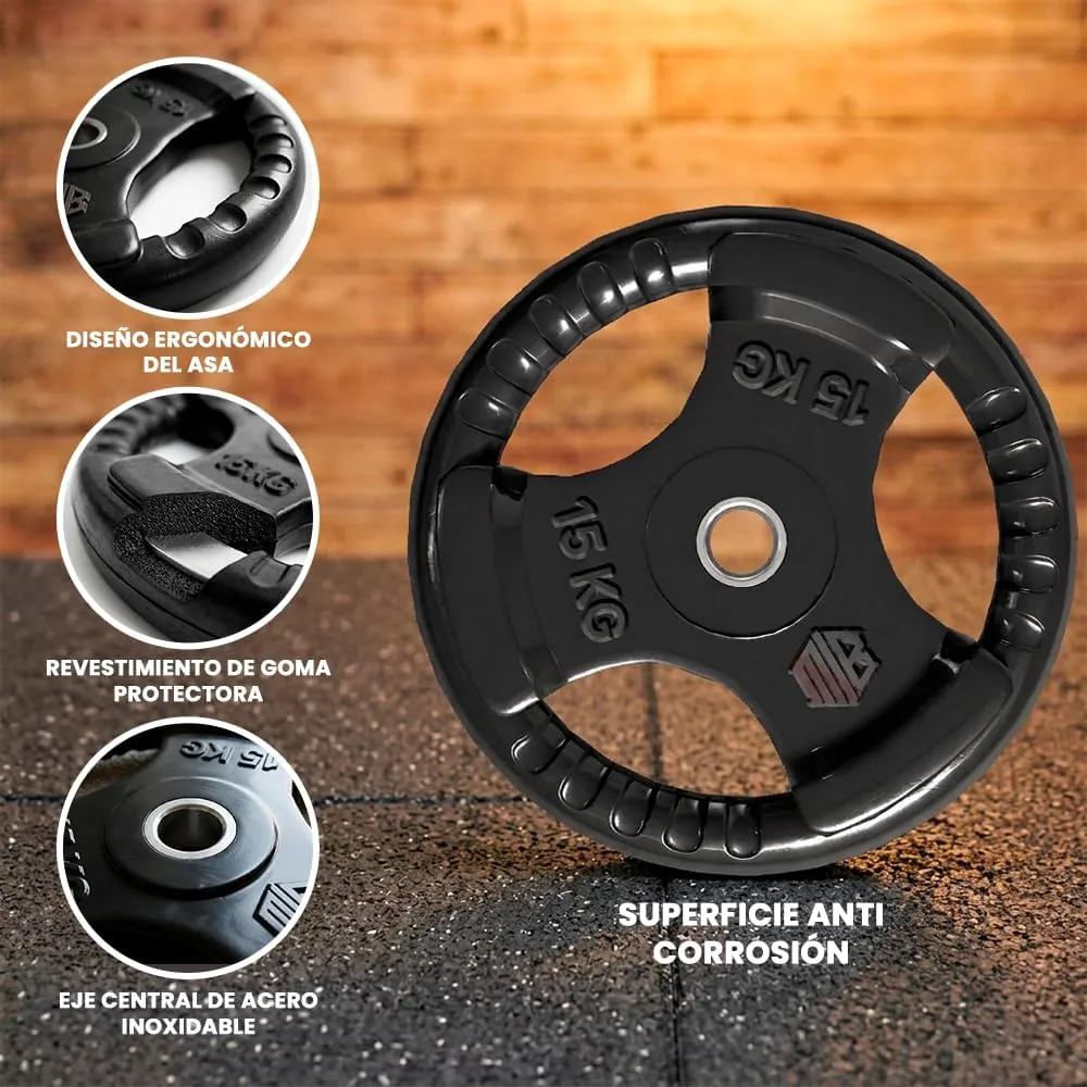 ManiBoom Discos Pesas Hierro ENGOMADO 30mm y 50mm Olimpica con Anillo Interior de Acero y Triple Agarre ERGONOMICO - Disco para Barra o Mancuernas 2,5kg, 5kg, 10kg, 15kg, 20kg foto 3