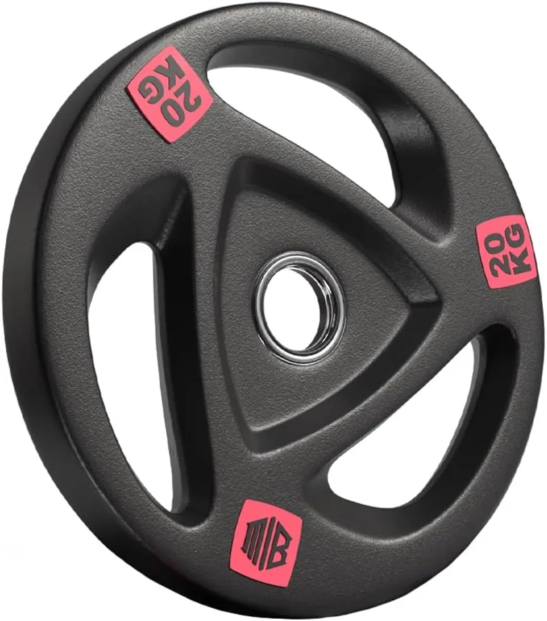 ManiBoom Discos Pesas Hierro ENGOMADO 30mm y 50mm Olimpica con Anillo Interior de Acero y Triple Agarre ERGONOMICO - Disco para Barra o Mancuernas 2,5kg, 5kg, 10kg, 15kg, 20kg