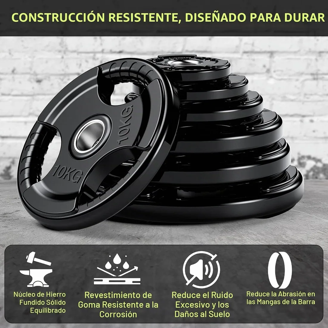 PhysKcal Disco Olímpico 50 mm, Disco de Hierro Fundido Tri-Grip | 1,25 kg a 25 kg. Asas ergonómicas para un cambio fácil. Ideal para musculación en gimnasio en casa. foto 2