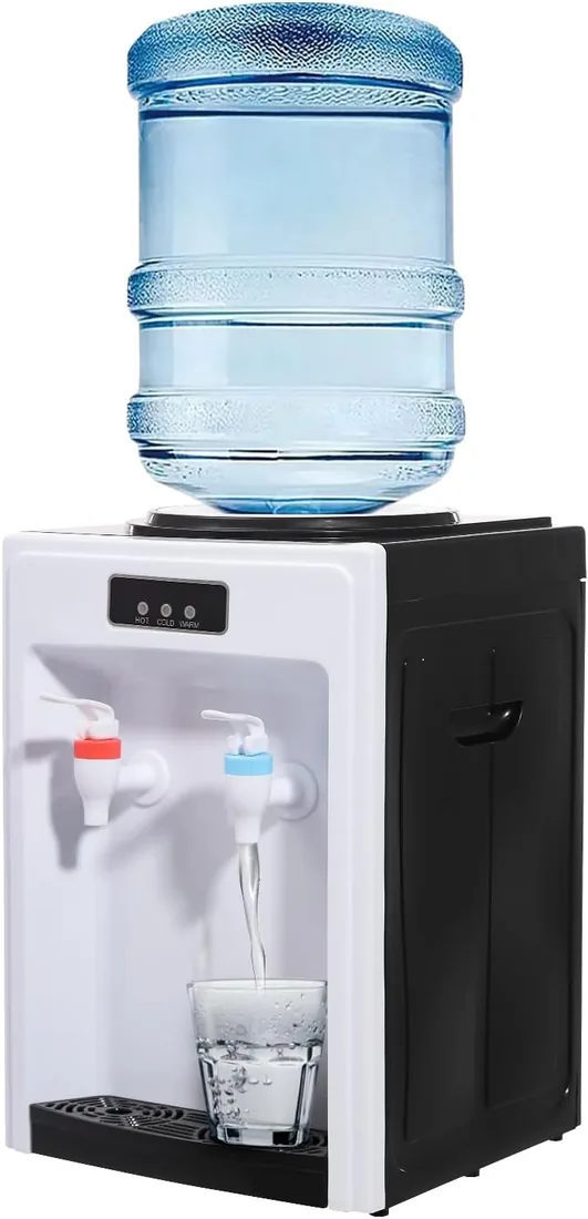 Dispensador de agua caliente eléctrico, 24 x 24 x 36 cm, cubo aplicable de 4,5 a 18,9 L, agua caliente/fría, doble caño, diseño de entrada de agua, dispensador de agua caliente y fría