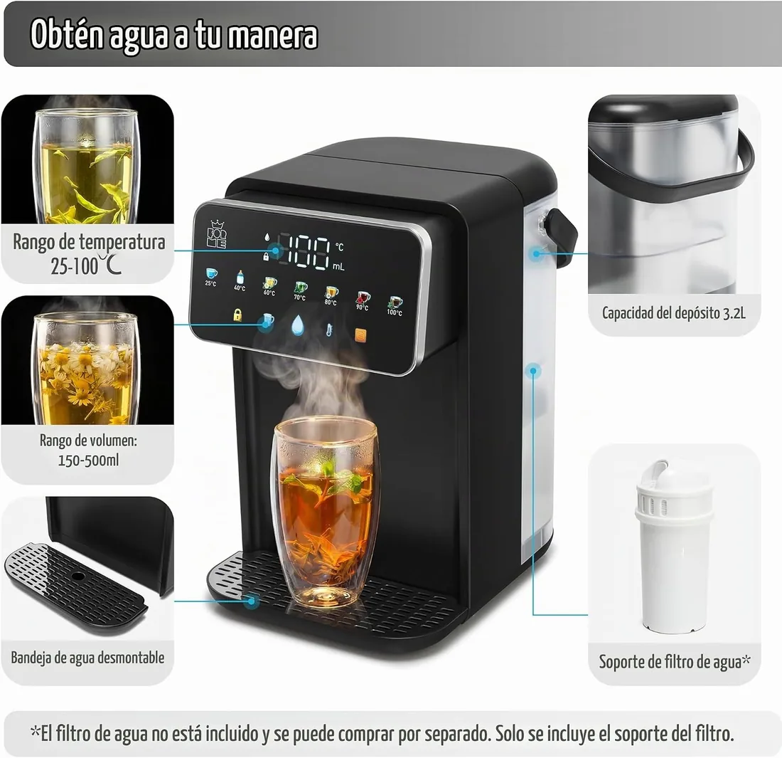 Forme Dispensador de Agua, Depósito de Agua de 3,2 L, 2000 W, Selector de Temperatura del Agua: 25-40-50-60-80-90-100 °C, Filtro Opcional, Reduce el Cloro y la Cal. foto 3