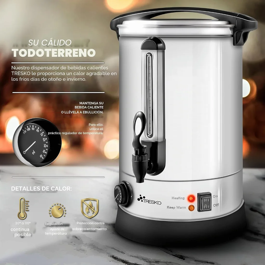 TRESKO® Dispensador de Bebidas Calientes y Frías de Acero Inoxidable 10L | Acciaio Inox | 1500W | Hervidor de Vino, Agua Caliente, Té, Café | Caldera de Cocción Automática | Olla eléctrica foto 2