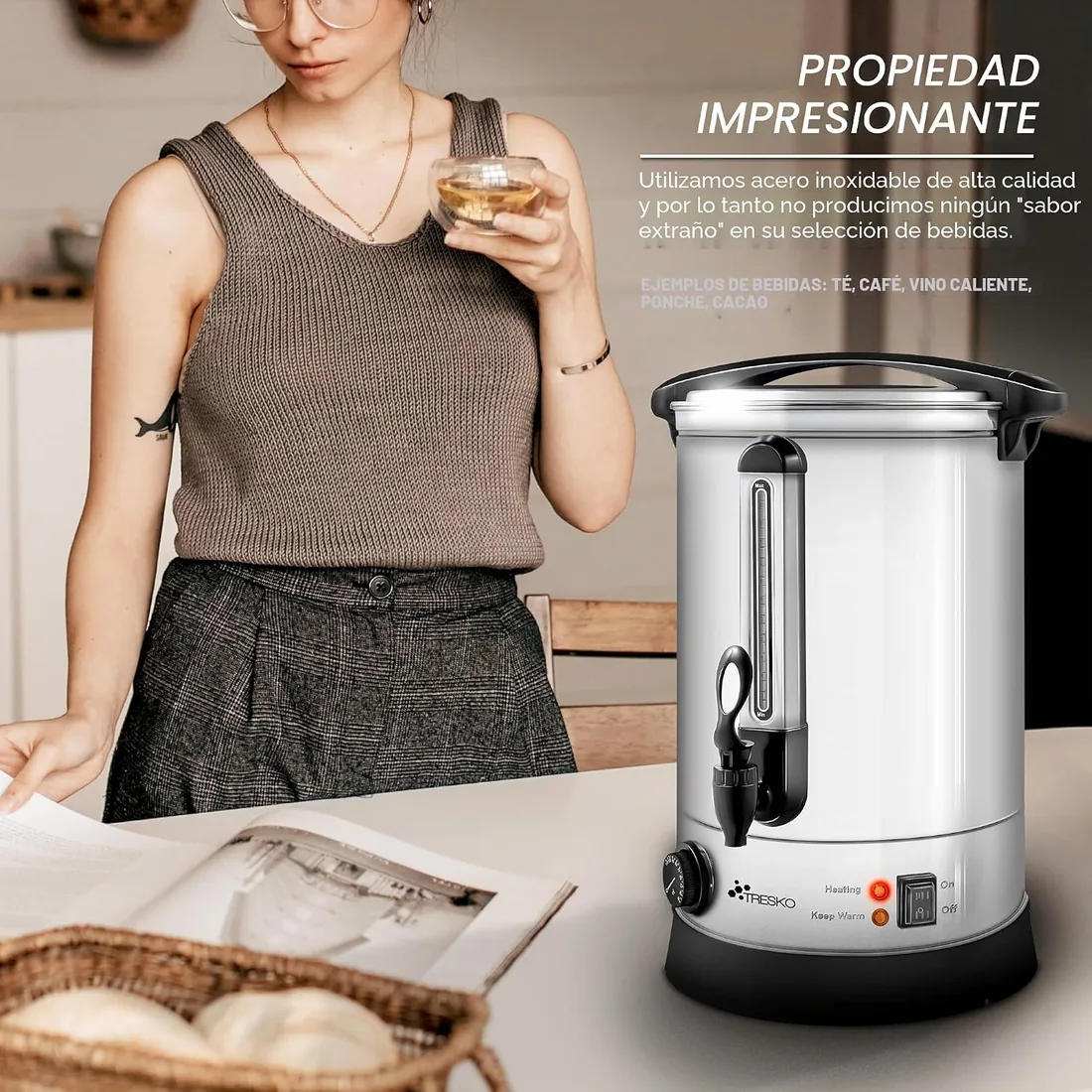 TRESKO® Dispensador de Bebidas Calientes y Frías de Acero Inoxidable 10L | Acciaio Inox | 1500W | Hervidor de Vino, Agua Caliente, Té, Café | Caldera de Cocción Automática | Olla eléctrica foto 3