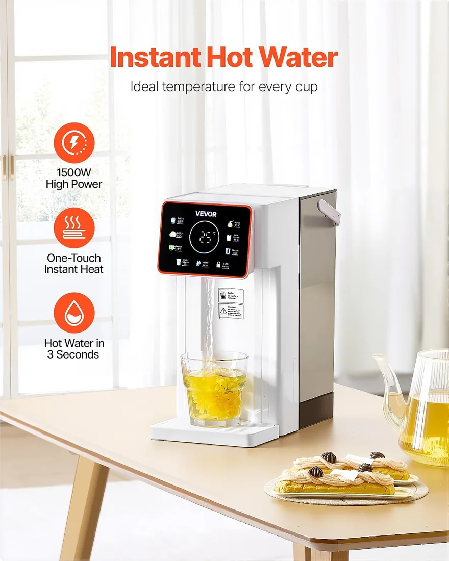 VEVOR Dispensador de Agua Caliente Instantáneo de Encimera con 6 Temperaturas Ajustables y 8 Volúmenes de Agua, Tanque Extraíble de 3 L, Calentamiento Rápido con Pantalla Táctil y Bloqueo, Blanco foto 2
