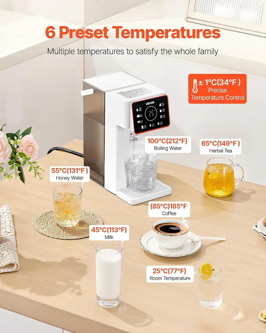 VEVOR Dispensador de Agua Caliente Instantáneo de Encimera con 6 Temperaturas Ajustables y 8 Volúmenes de Agua, Tanque Extraíble de 3 L, Calentamiento Rápido con Pantalla Táctil y Bloqueo, Blanco foto 3