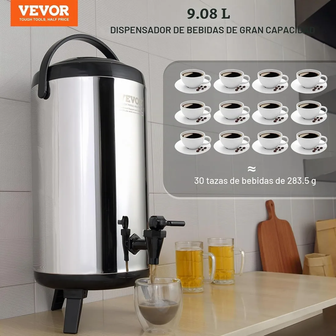 VEVOR Dispensador de Bebidas Aislado Dispensador de Agua Fría y Caliente No Eléctrico 9,2 L Almacenamiento de Alimentos de Acero Inoxidable Contenedor Aislado 4-6 H con Grifo Portátil para Camping foto 2