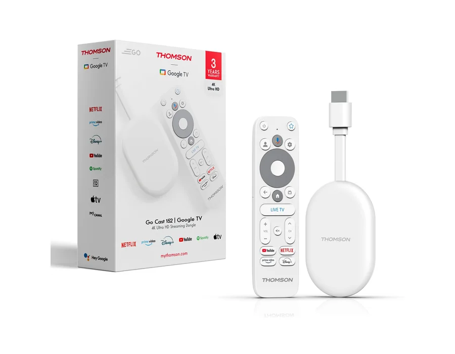 Thomson Go Cast 152 Dongle de Streaming, 4K UHD Google TV, Control por Voz, Google Cast, Dolby Atmos, Dolby Digital+, HDR10, Portátil, 2 GB RAM, 32 GB Memoria – Blanco