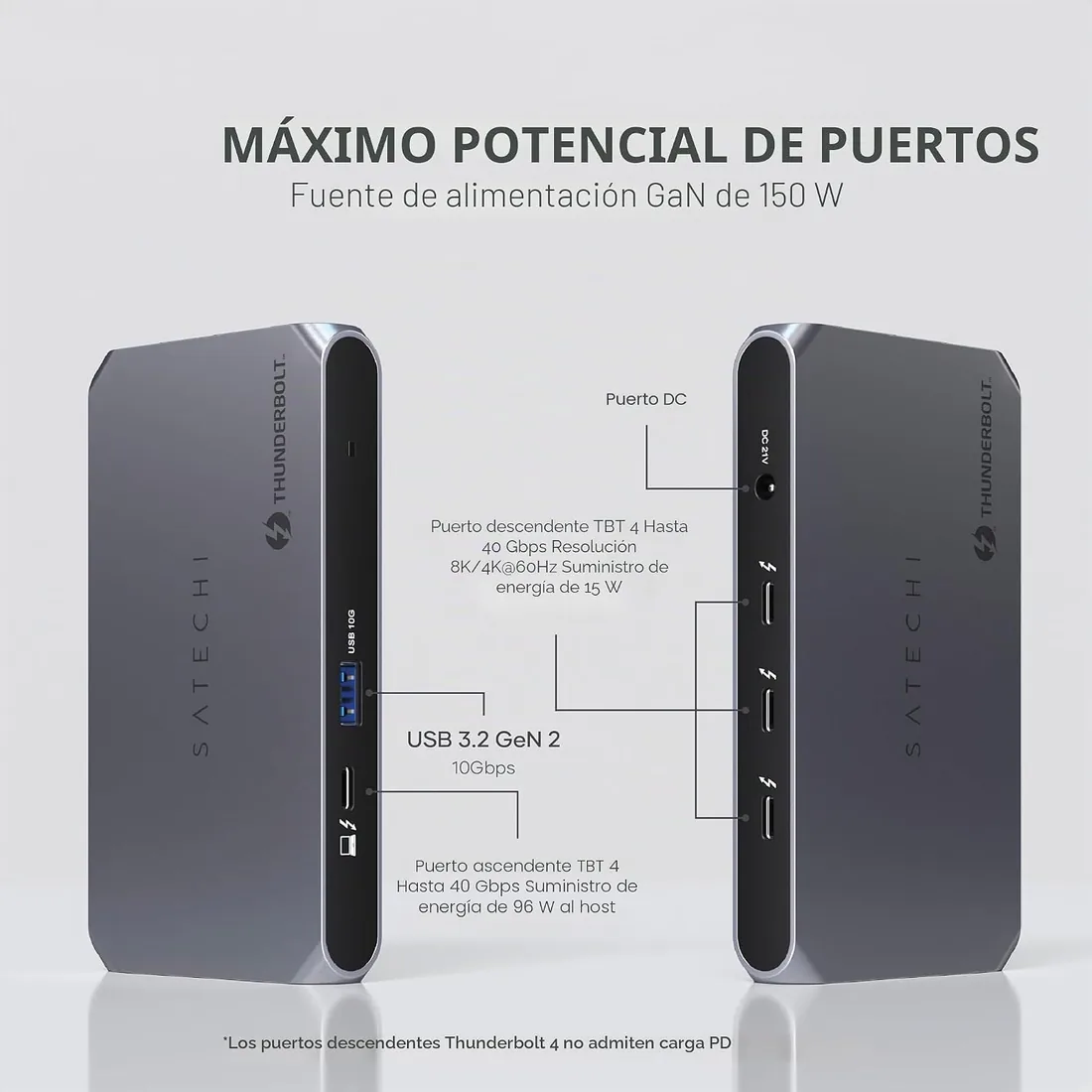 SATECHI Docking Station 6 en 1 Thunderbolt 4 Slim Hub Pro, PD 96W | 8K único o doble 4K, 4 puertos Thunderbolt 4 a 40 Gbps, USB 3.2 Gen2, para portátiles Mac y Windows foto 2