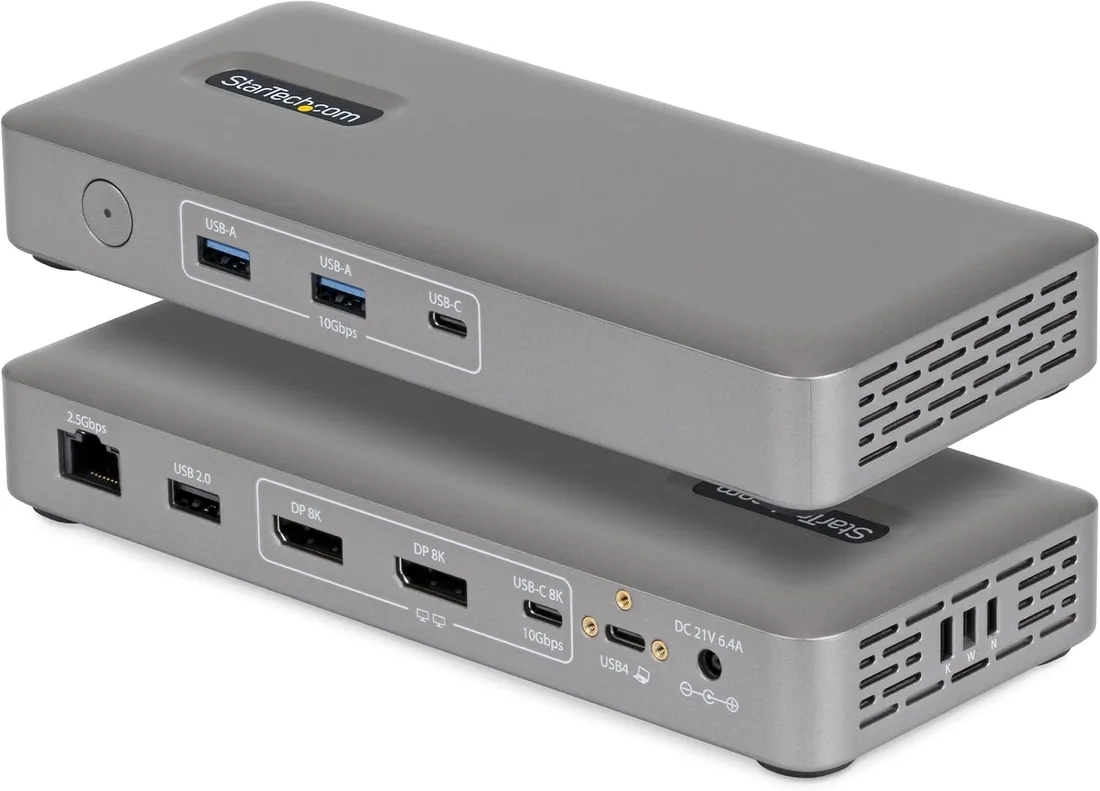 StarTech Dock USB4 Universal, 4K 144Hz Doble o 8K 60Hz DisplayPort, 100W | 4K 144Hz doble u 8K 60Hz, Ethernet de 2,5Gbps, Arranque PXE y Wake-on-LAN, Ranuras de bloqueo, Montaje VESA