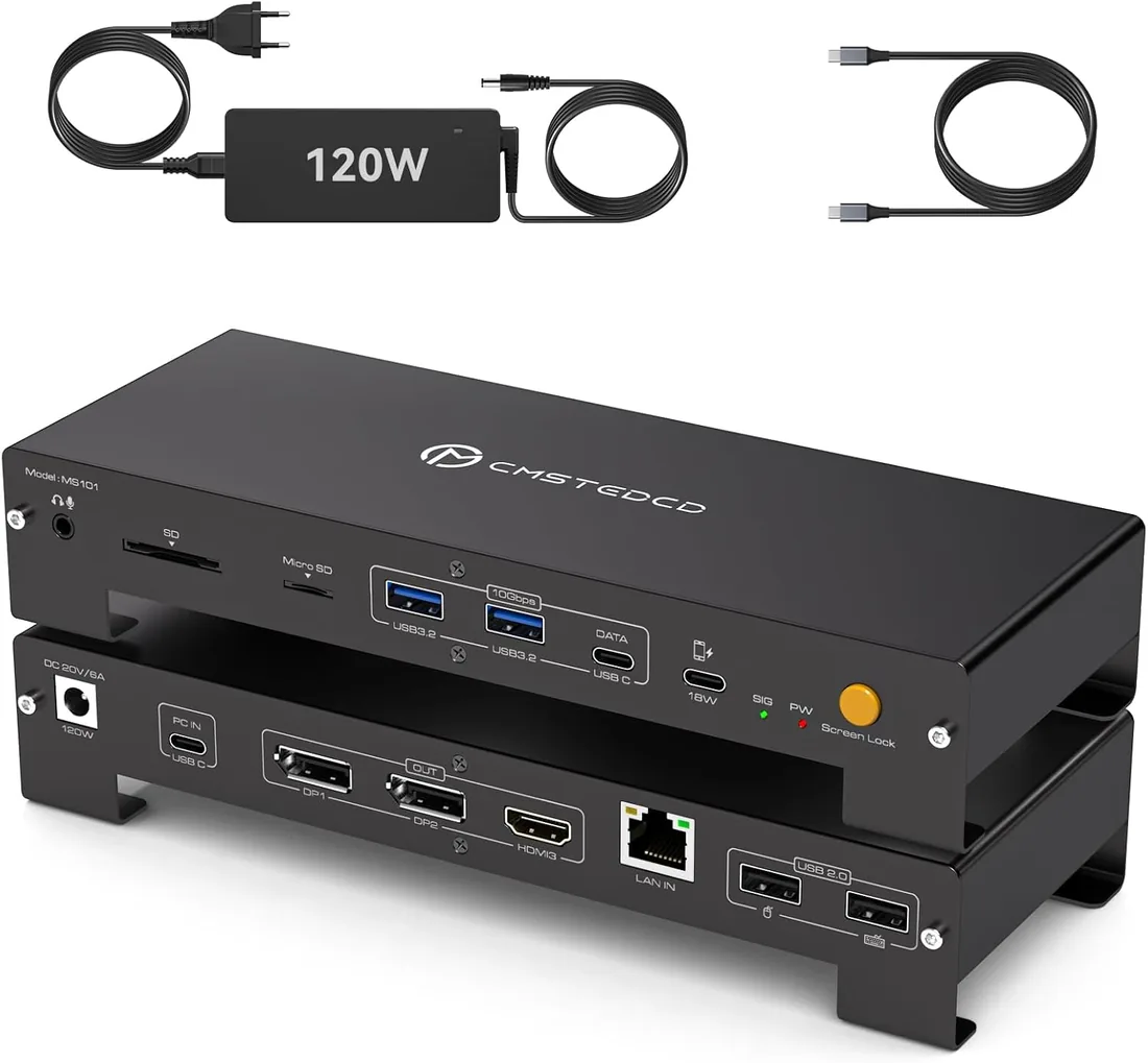 USB C Docking Station 15 en 1 Thunderbolt Docking Station 3 Pantalla 4K60Hz 100W Carga para Portátil, 10Gbps USB-C/A, MicroSD y SD, 3,5mm Compatible con Portátiles Mac Windows