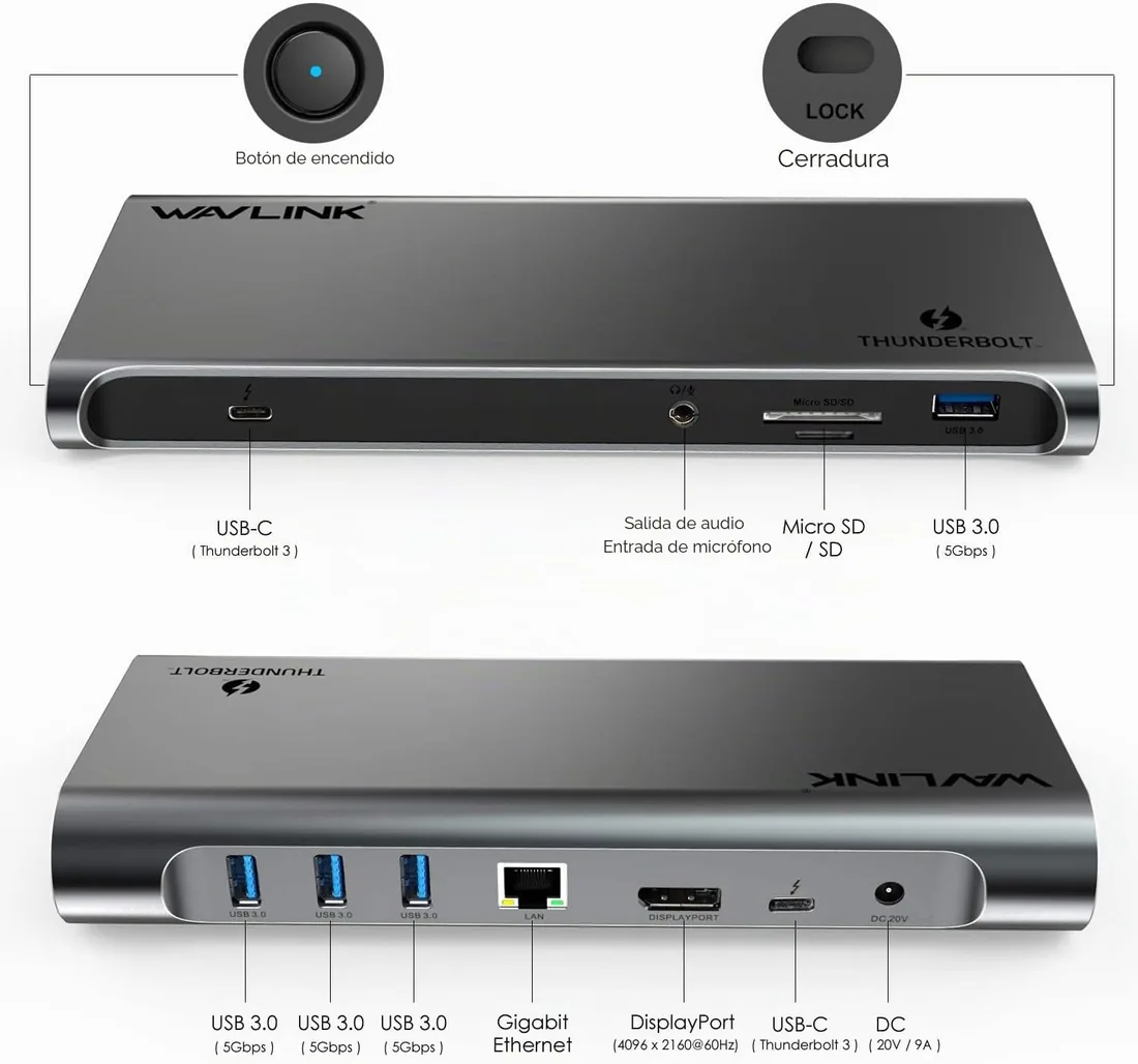 WAVLINK Thunderbolt 3 Dock con función de Carga de 85W Compatible con MacOS y portátiles con Windows específicos (DisplayPort, Gigabit LAN, Audio) foto 2